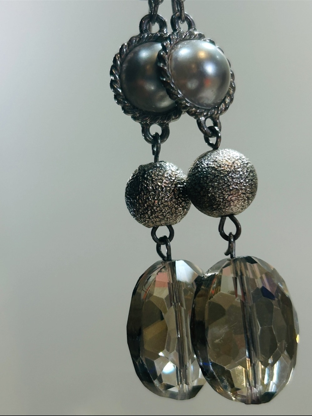 Silver-Tone Gray Drop Earrings with Faceted Crystal Dangles